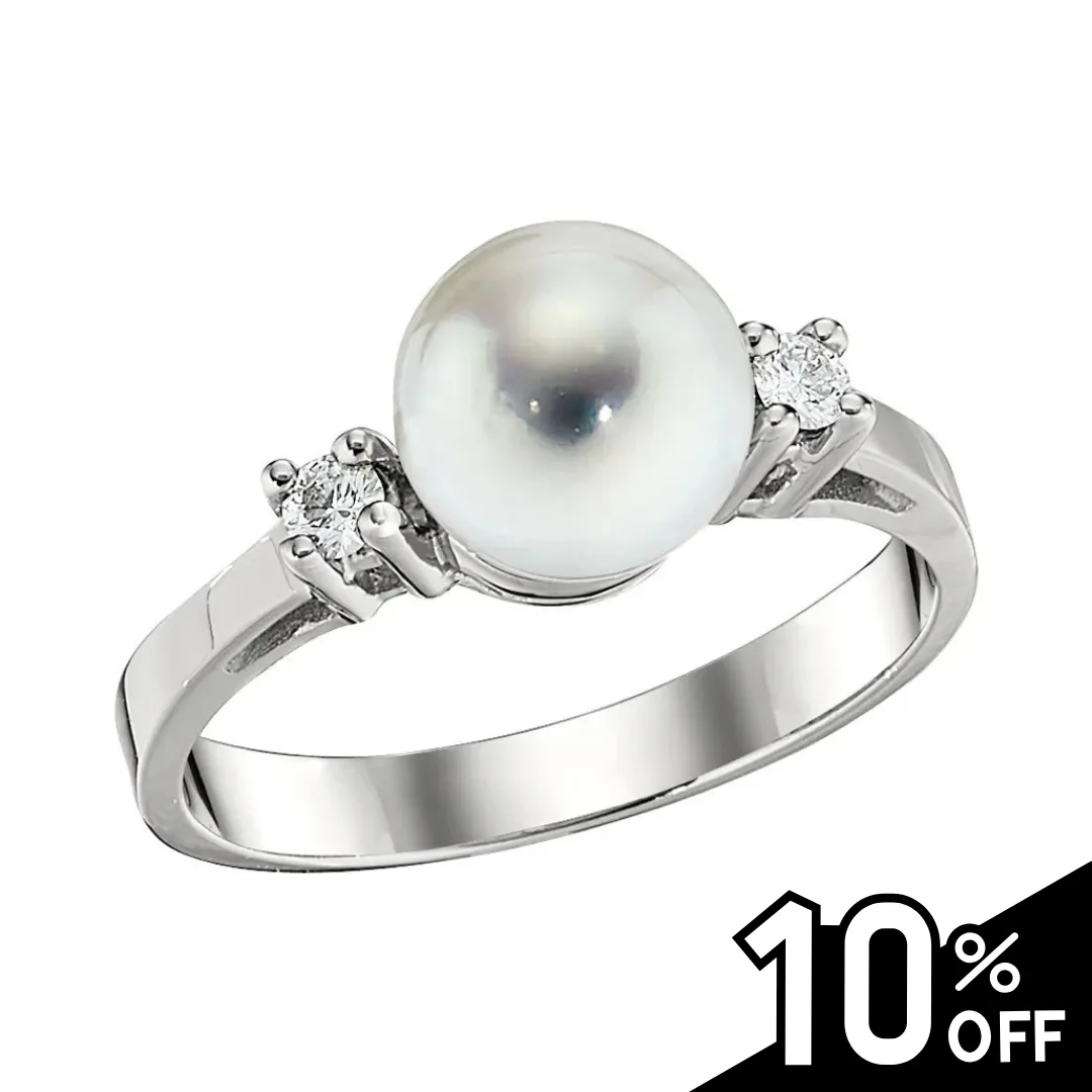 Timeless Akoya Cultured Pearl and Round Diamond Side Stone Ring