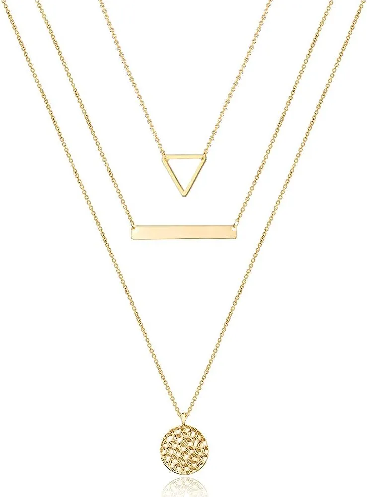 Turandoss Dainty Layered Choker Necklace, Handmade 14K Gold Plated Y Pendant Necklace Multilayer Bar Disc Necklace Adjustable Layering Choker Necklaces for Women