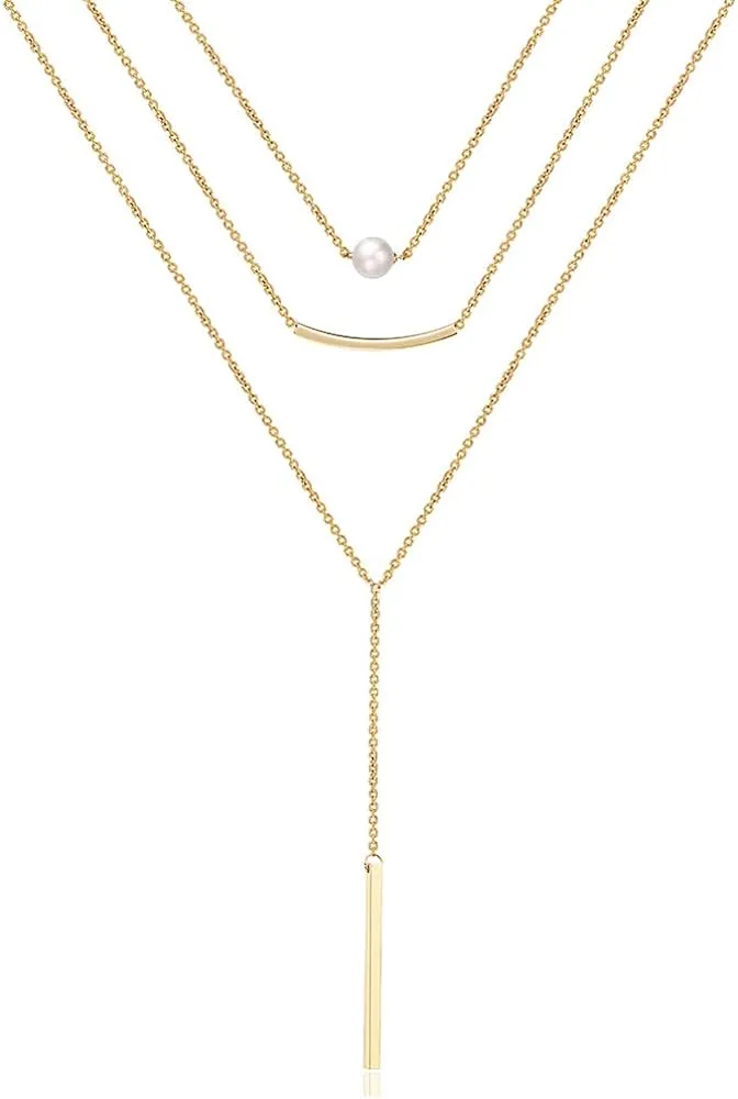 Turandoss Dainty Layered Choker Necklace, Handmade 14K Gold Plated Y Pendant Necklace Multilayer Bar Disc Necklace Adjustable Layering Choker Necklaces for Women