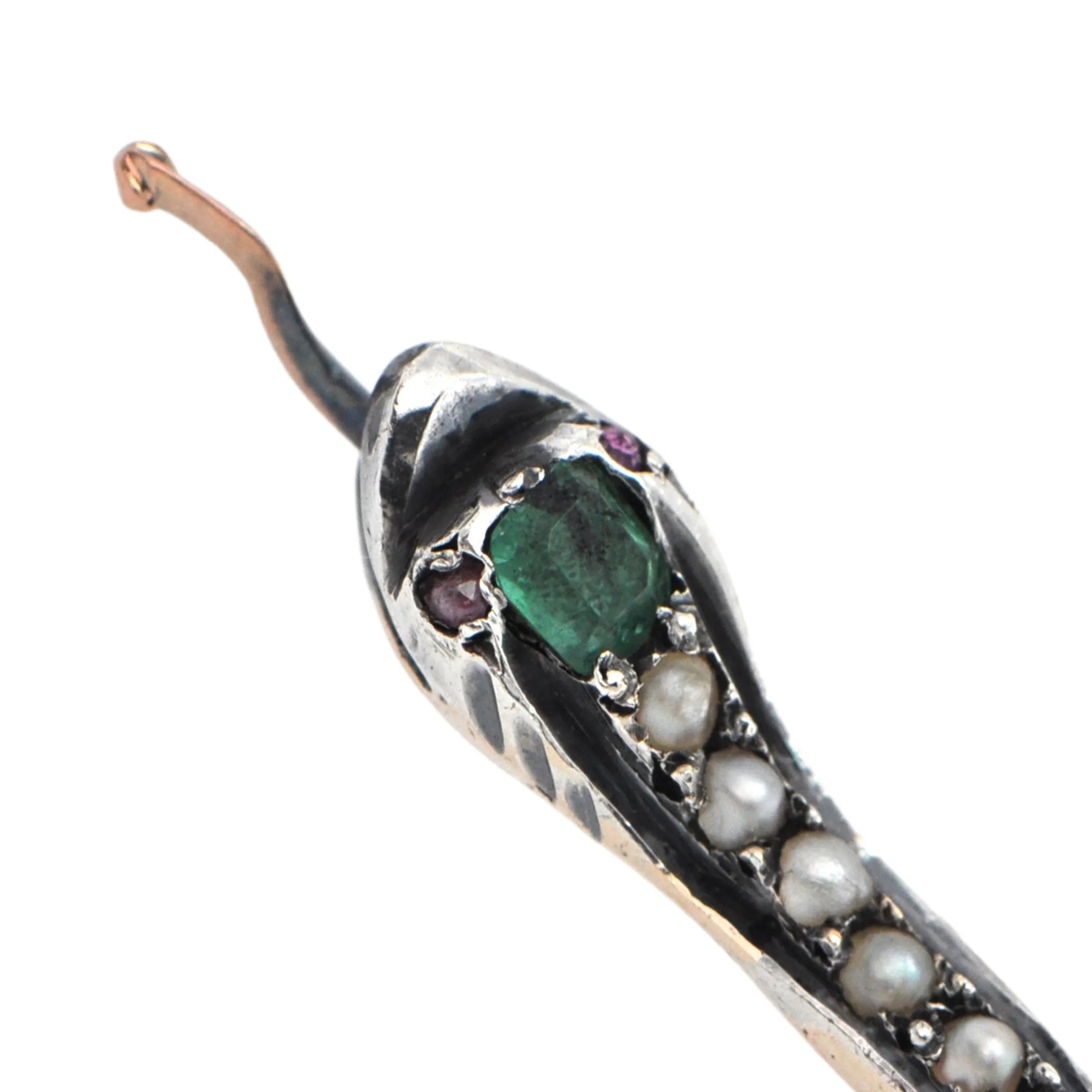 Victorian Emerald, Ruby, and Seed Pearl Snake Brooch