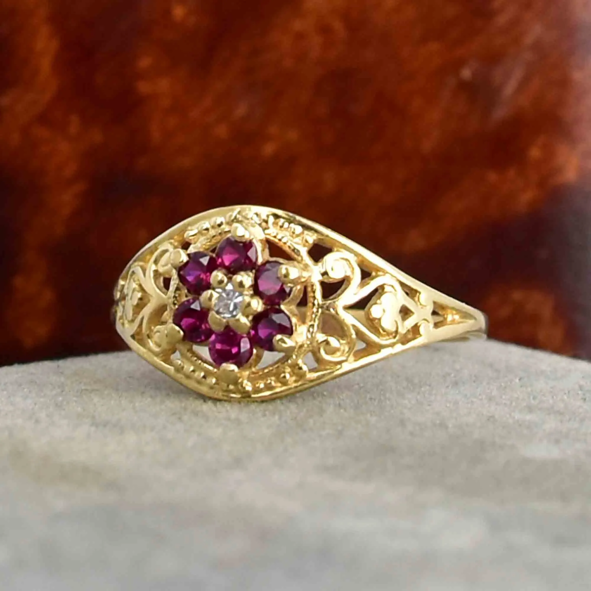 Vintage 10K Gold Diamond Ruby Cluster Statement Ring