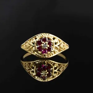 Vintage 10K Gold Diamond Ruby Cluster Statement Ring