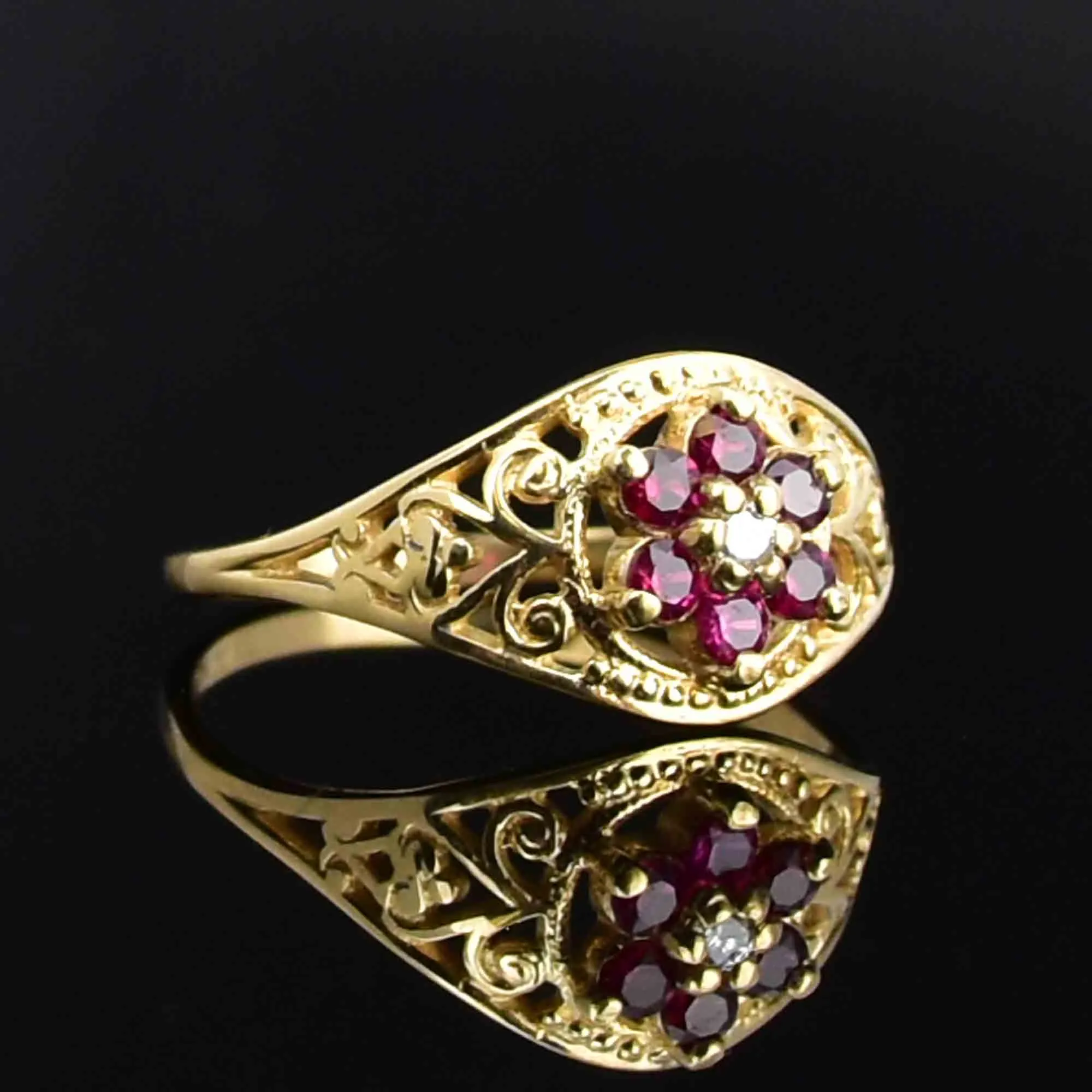 Vintage 10K Gold Diamond Ruby Cluster Statement Ring