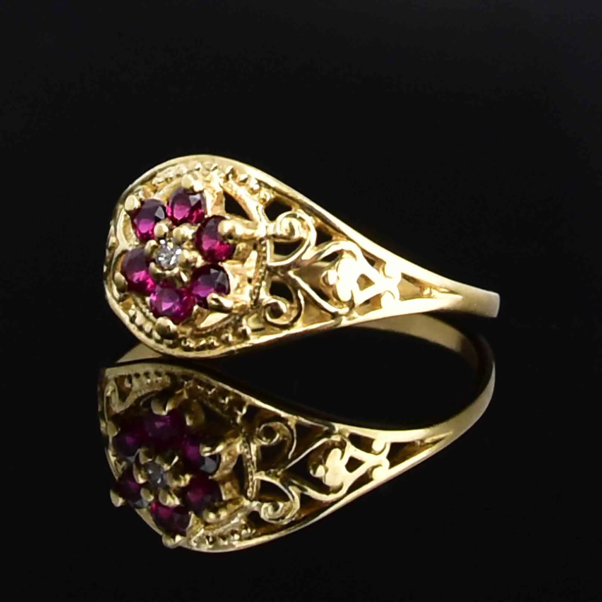 Vintage 10K Gold Diamond Ruby Cluster Statement Ring