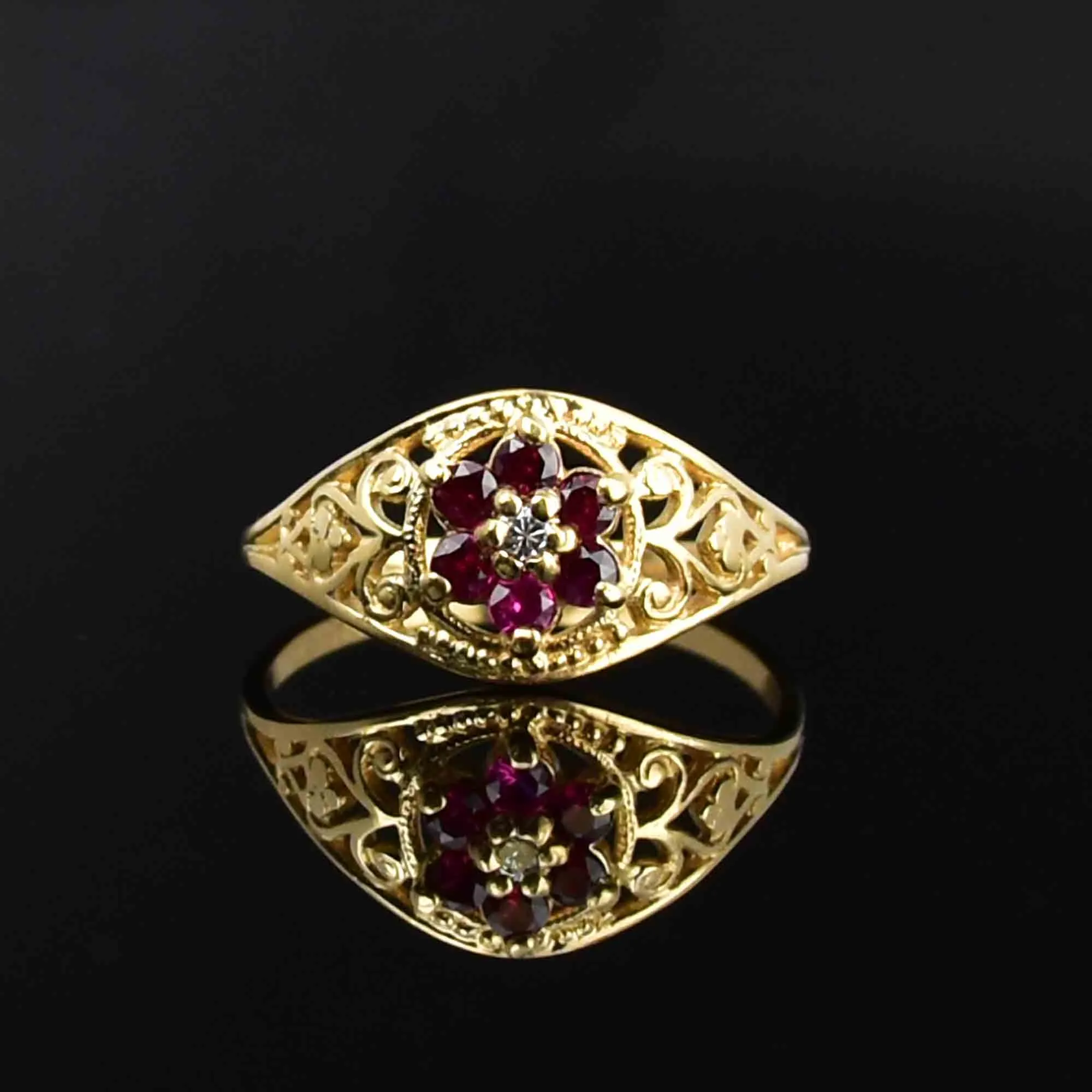 Vintage 10K Gold Diamond Ruby Cluster Statement Ring