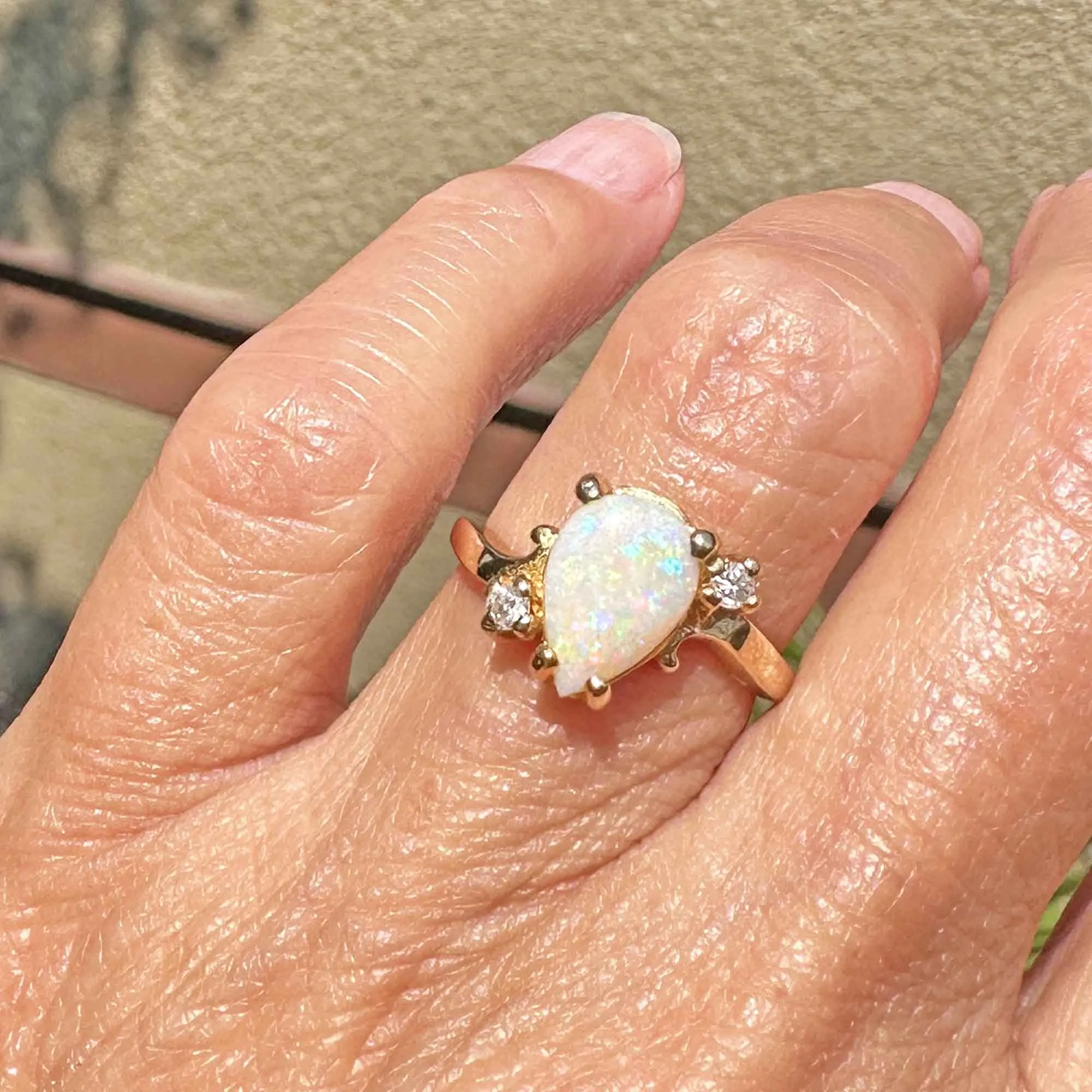 Vintage 14K Gold Bypass Diamond Pear Cut Opal Ring