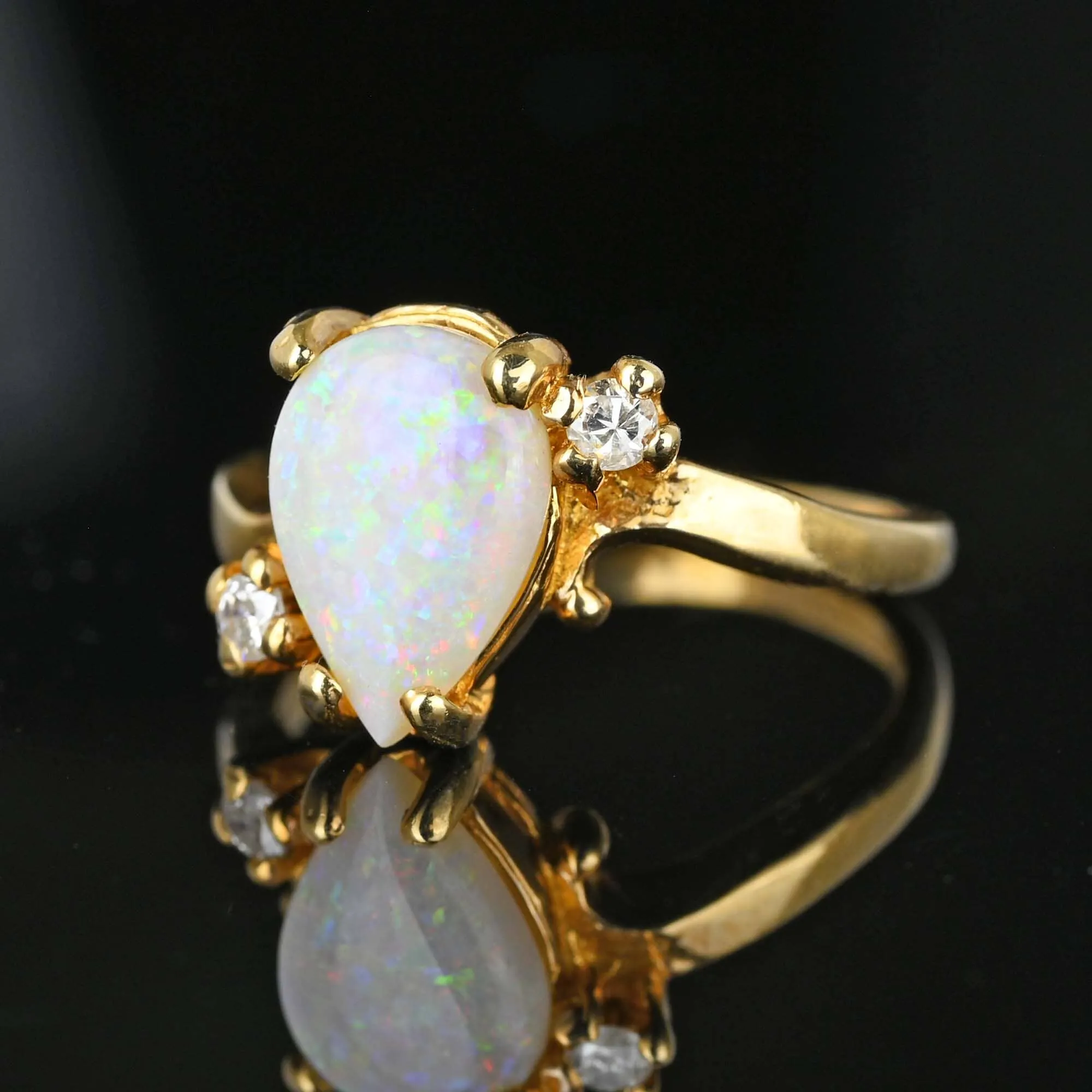 Vintage 14K Gold Bypass Diamond Pear Cut Opal Ring