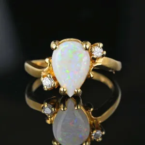 Vintage 14K Gold Bypass Diamond Pear Cut Opal Ring