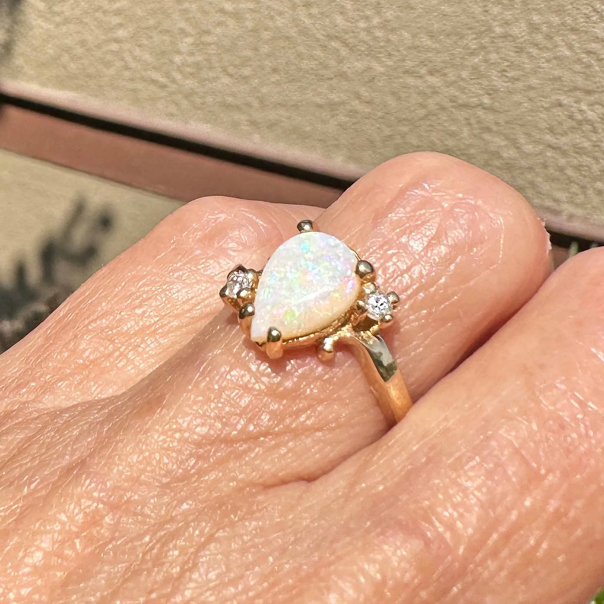 Vintage 14K Gold Bypass Diamond Pear Cut Opal Ring