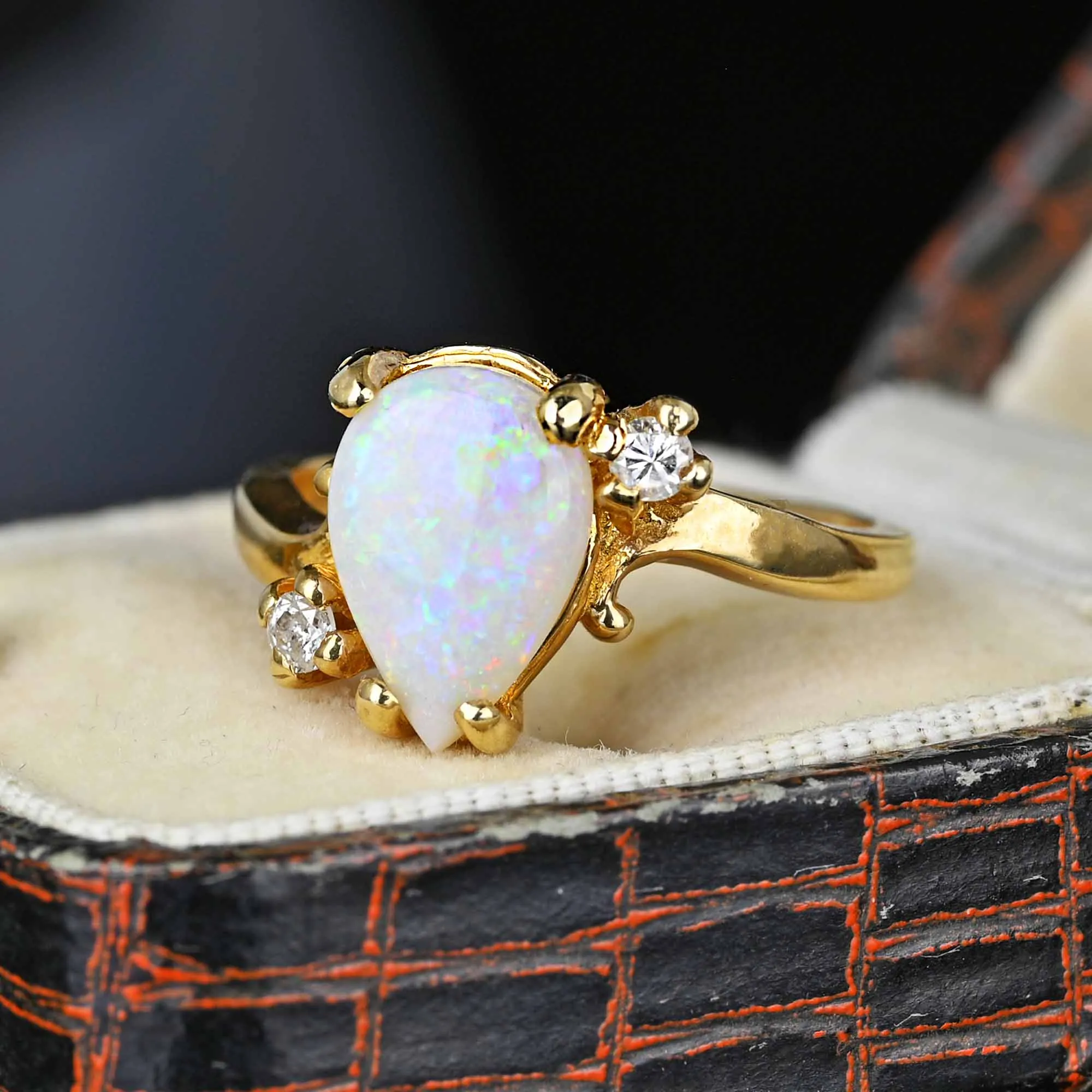 Vintage 14K Gold Bypass Diamond Pear Cut Opal Ring