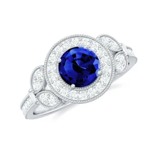 Vintage Inspired Created Blue Sapphire and Diamond Engagement Ring