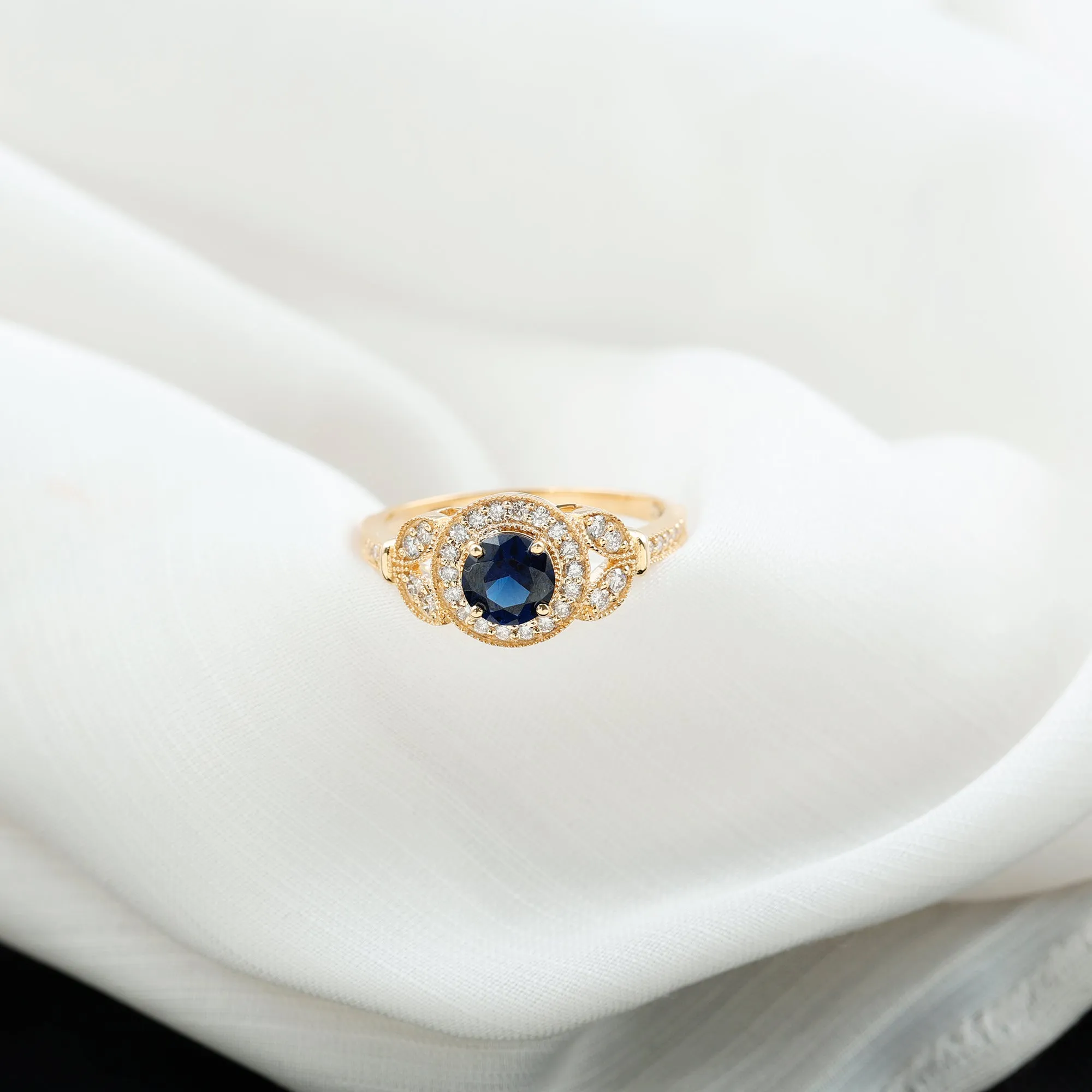 Vintage Inspired Created Blue Sapphire and Diamond Engagement Ring