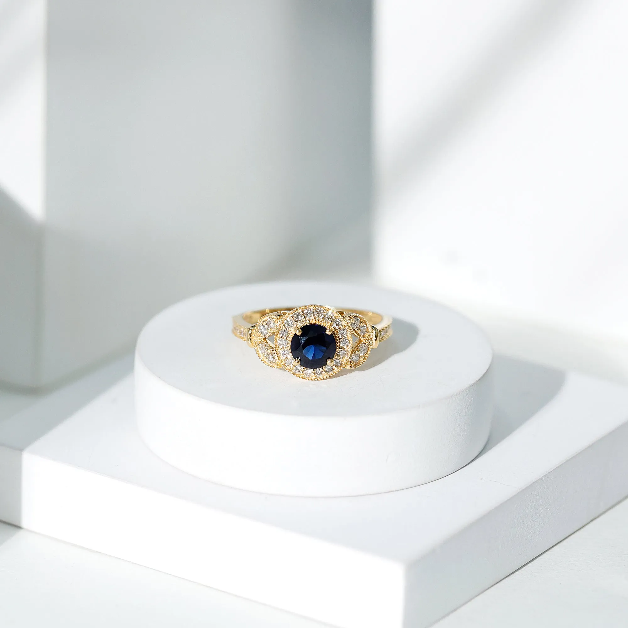 Vintage Inspired Created Blue Sapphire and Diamond Engagement Ring