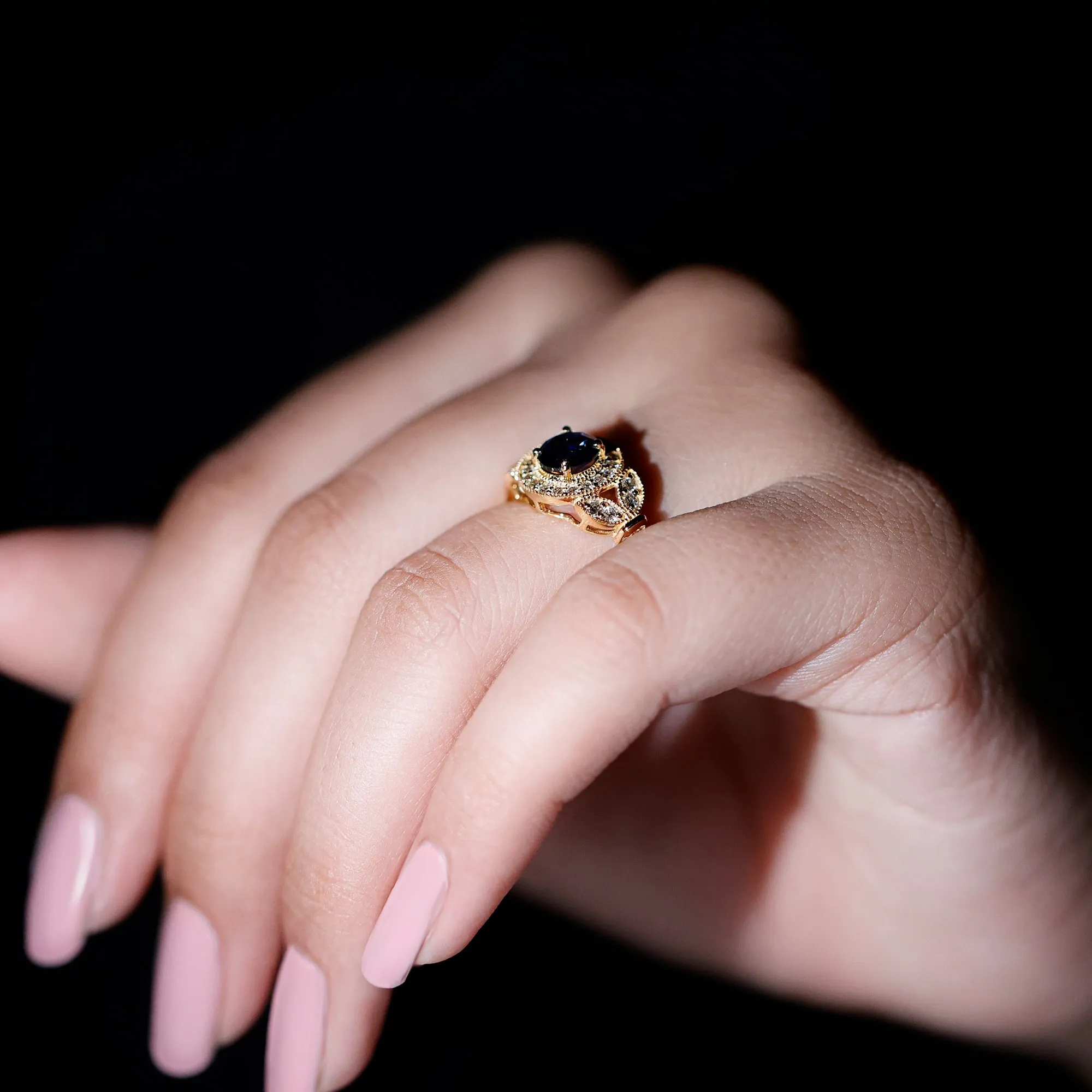 Vintage Inspired Created Blue Sapphire and Diamond Engagement Ring