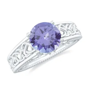 Vintage Inspired Created Tanzanite Celtic Knot Band Ring with Surprise Diamond