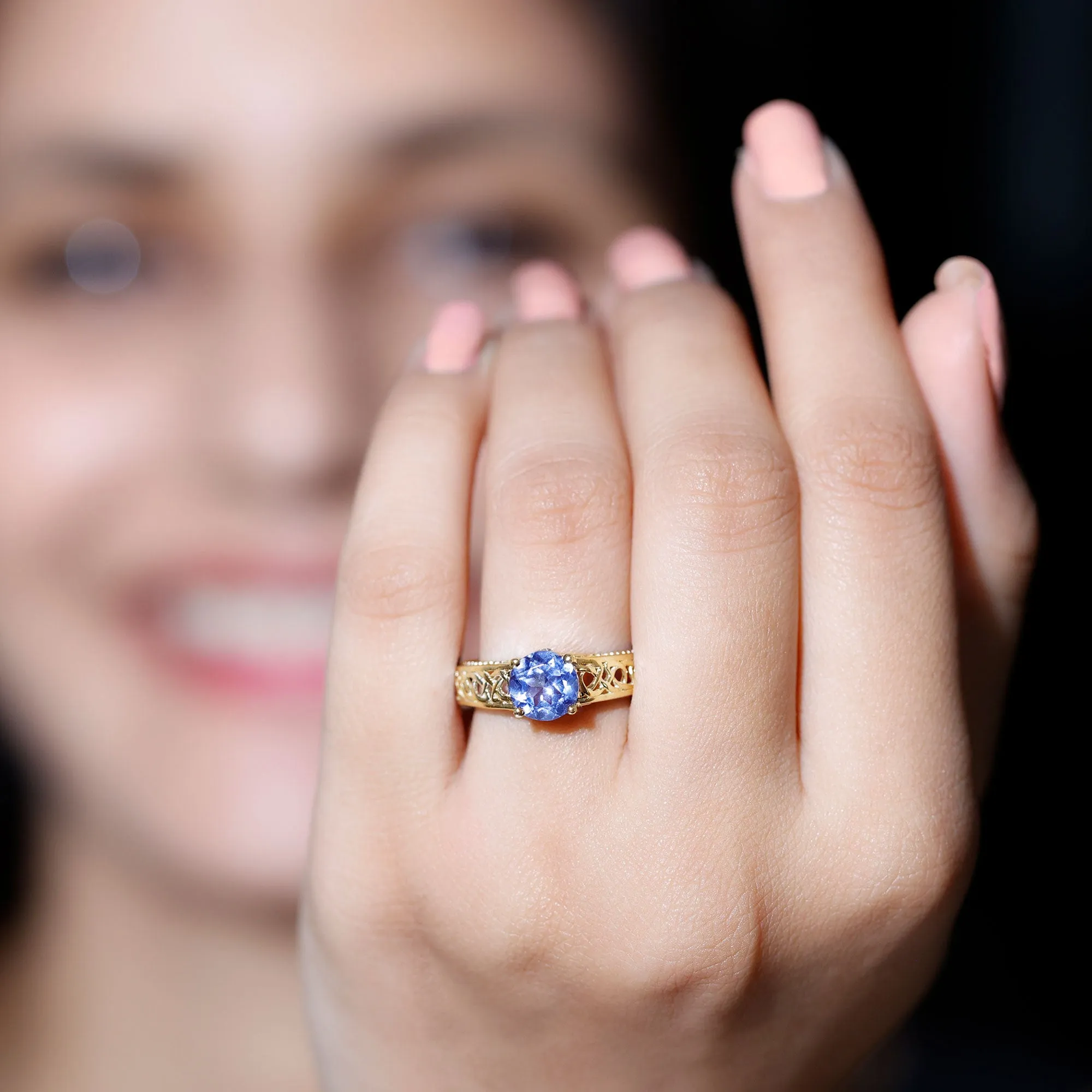 Vintage Inspired Created Tanzanite Celtic Knot Band Ring with Surprise Diamond