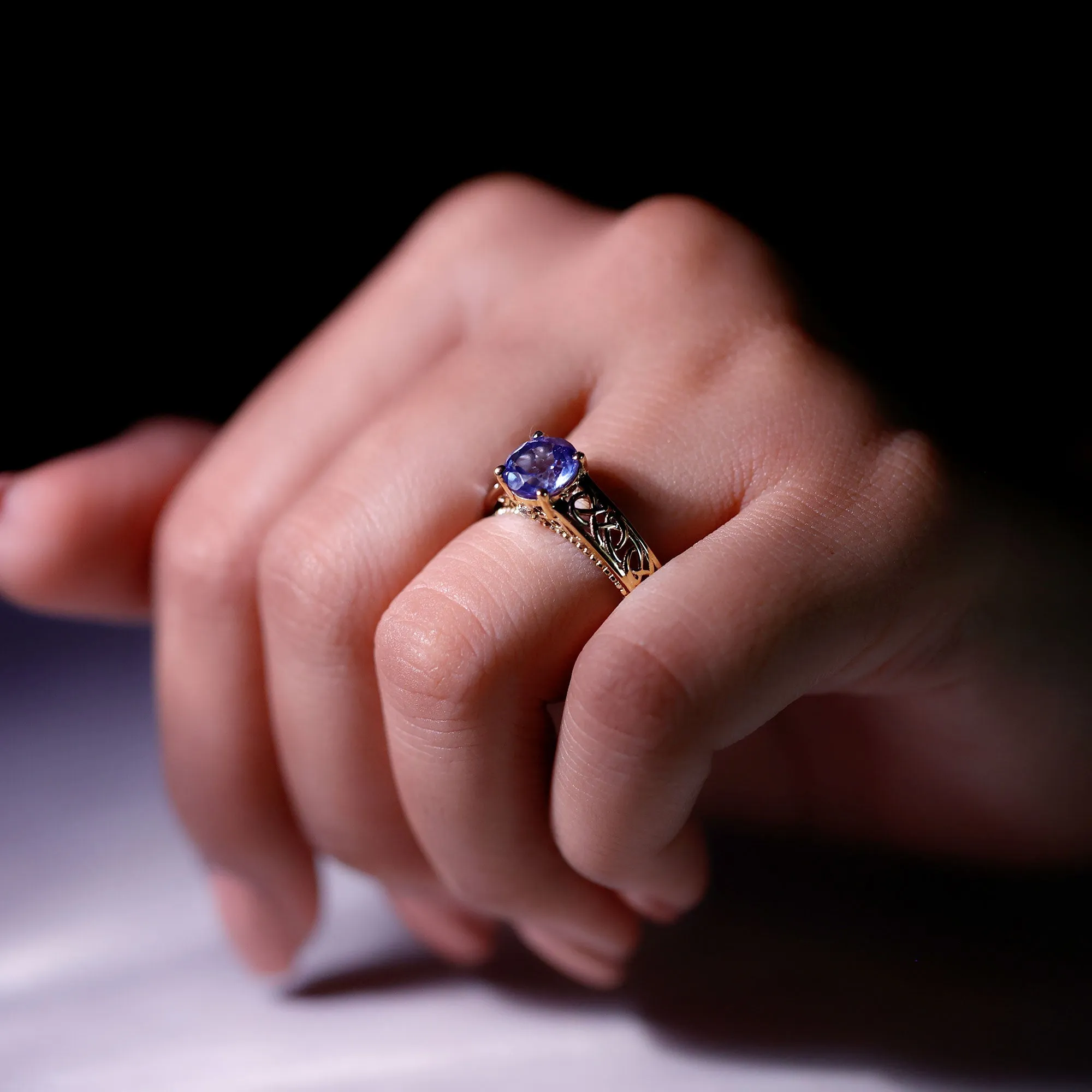 Vintage Inspired Created Tanzanite Celtic Knot Band Ring with Surprise Diamond