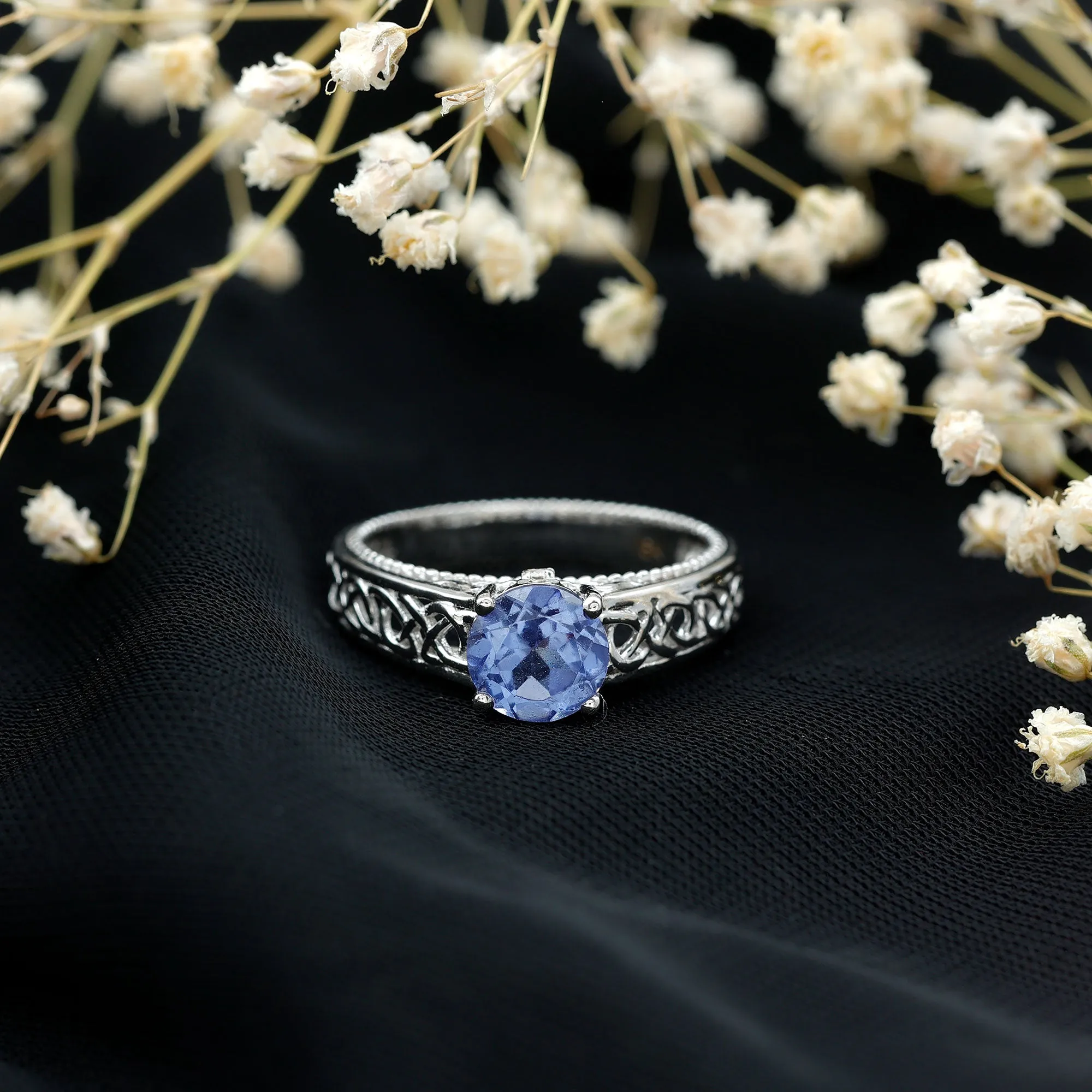 Vintage Inspired Created Tanzanite Celtic Knot Band Ring with Surprise Diamond