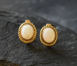 White Opal Earrings - Gold Bridal Earrings, Natural Australian Opal