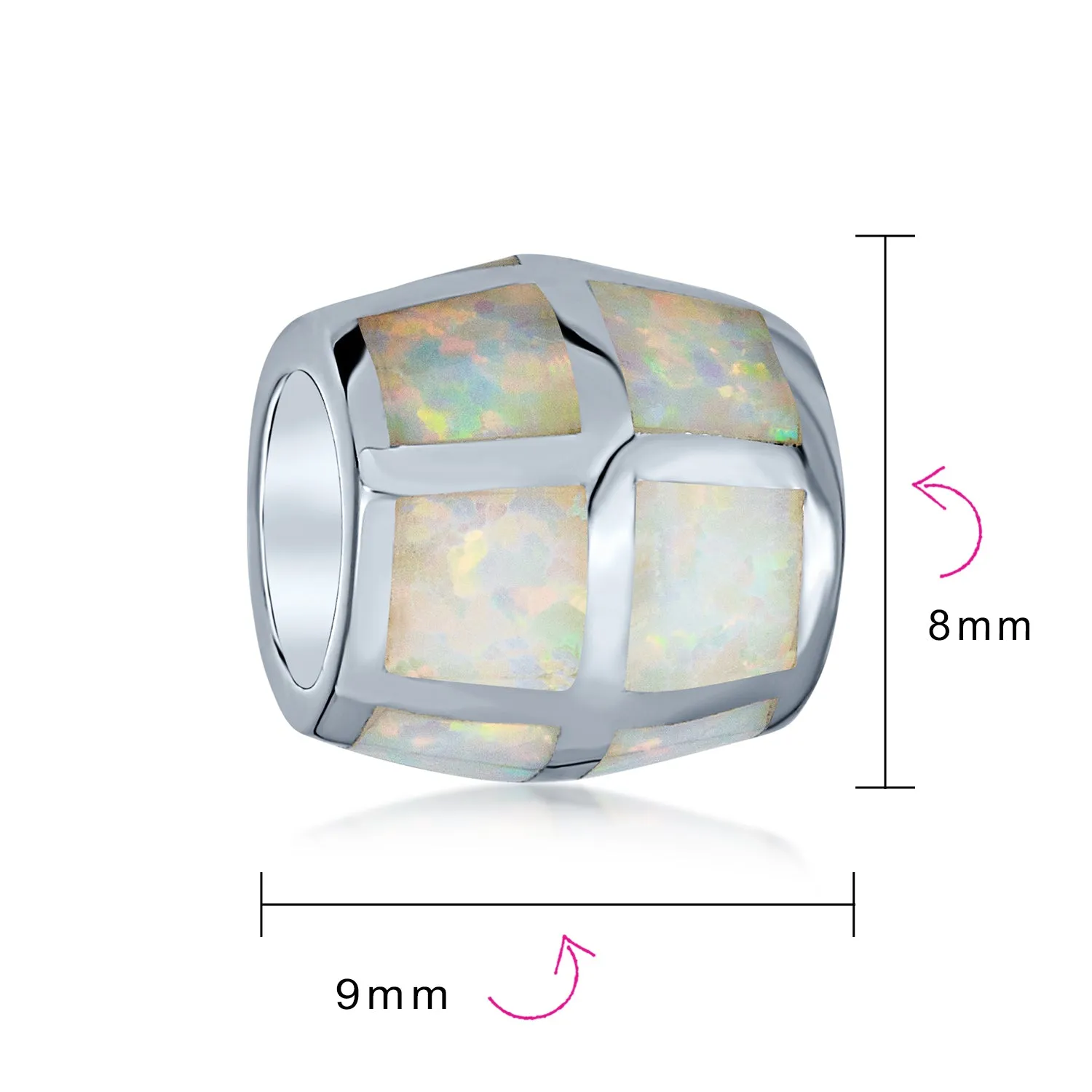 White Opal Inlay Barrel Charm Bead Sterling Silver for European Bracelets