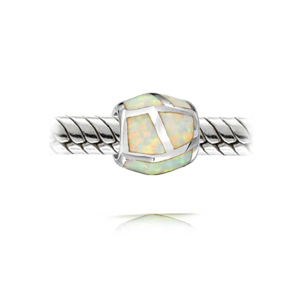 White Opal Inlay Barrel Charm Bead Sterling Silver for European Bracelets